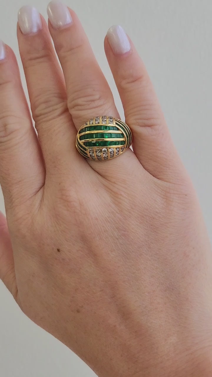 1970s 4 Carats Emerald Diamond Channel Set Dome Cocktail Ring 18K Yellow Gold