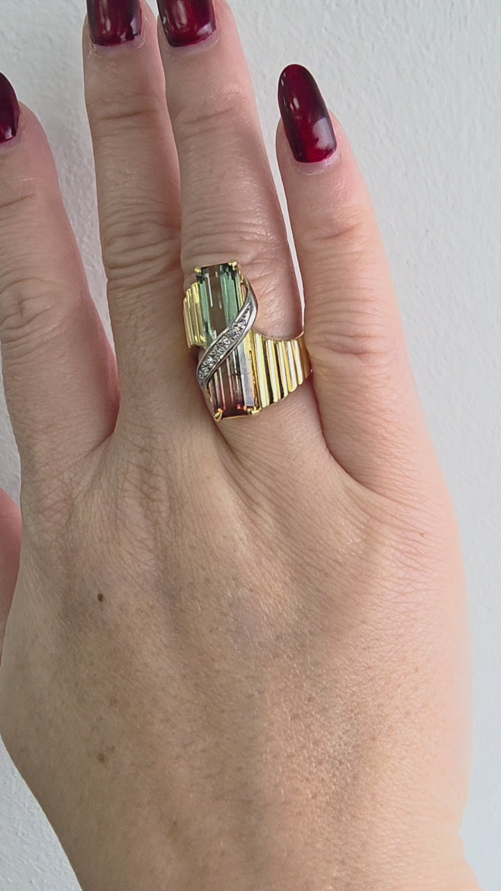 Vintage 18K/ Plat Gold Watermelon Tourmaline and Diamond Ring