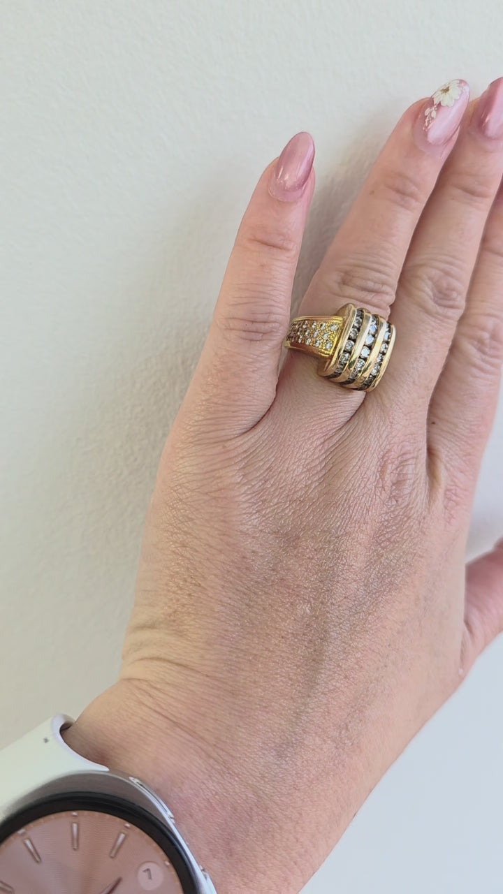 Vintage 14K Gold 2.35 Carats Channel Set and Pave Diamond Chunky Dome Ring