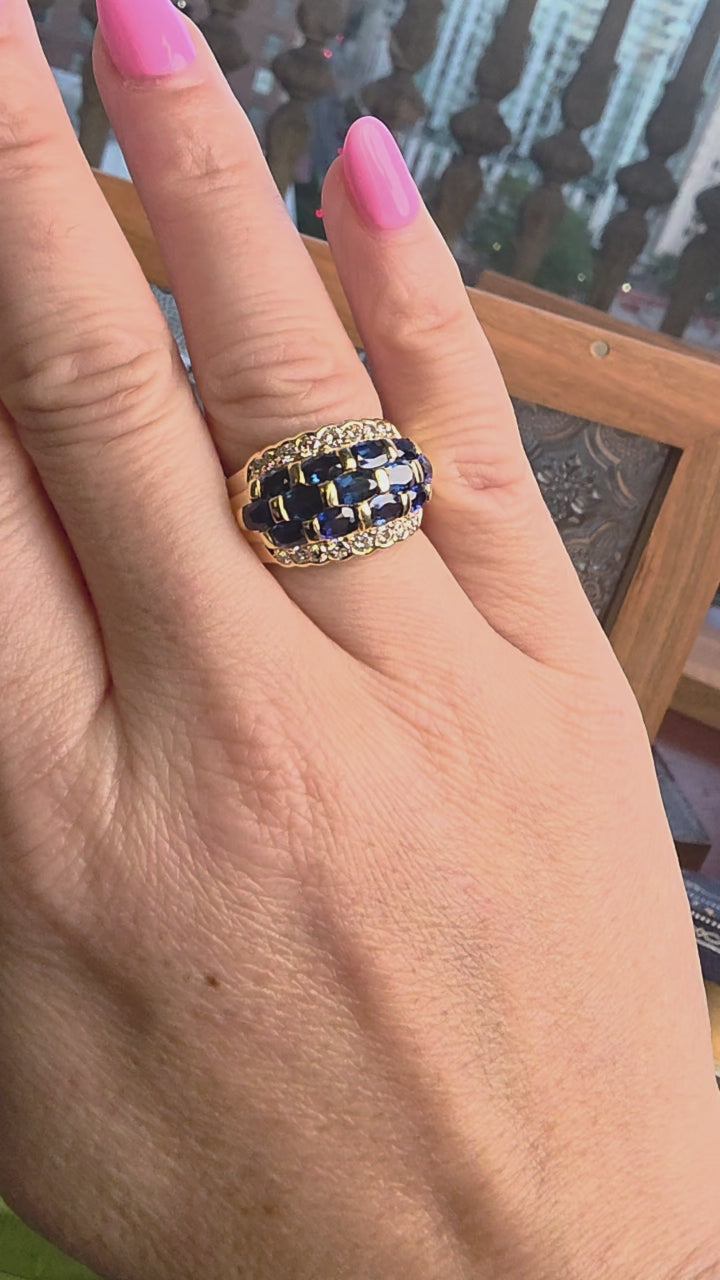 Estate 14K Gold 2.60 Carats Blue Sapphire Ovals and Diamond Wide Band Ring