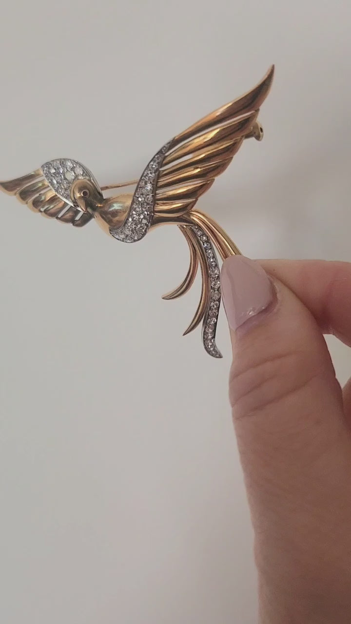Vintage 1.75 Carats Italian Diamond & Ruby Phoenix Bird Brooch 18K and Platinum