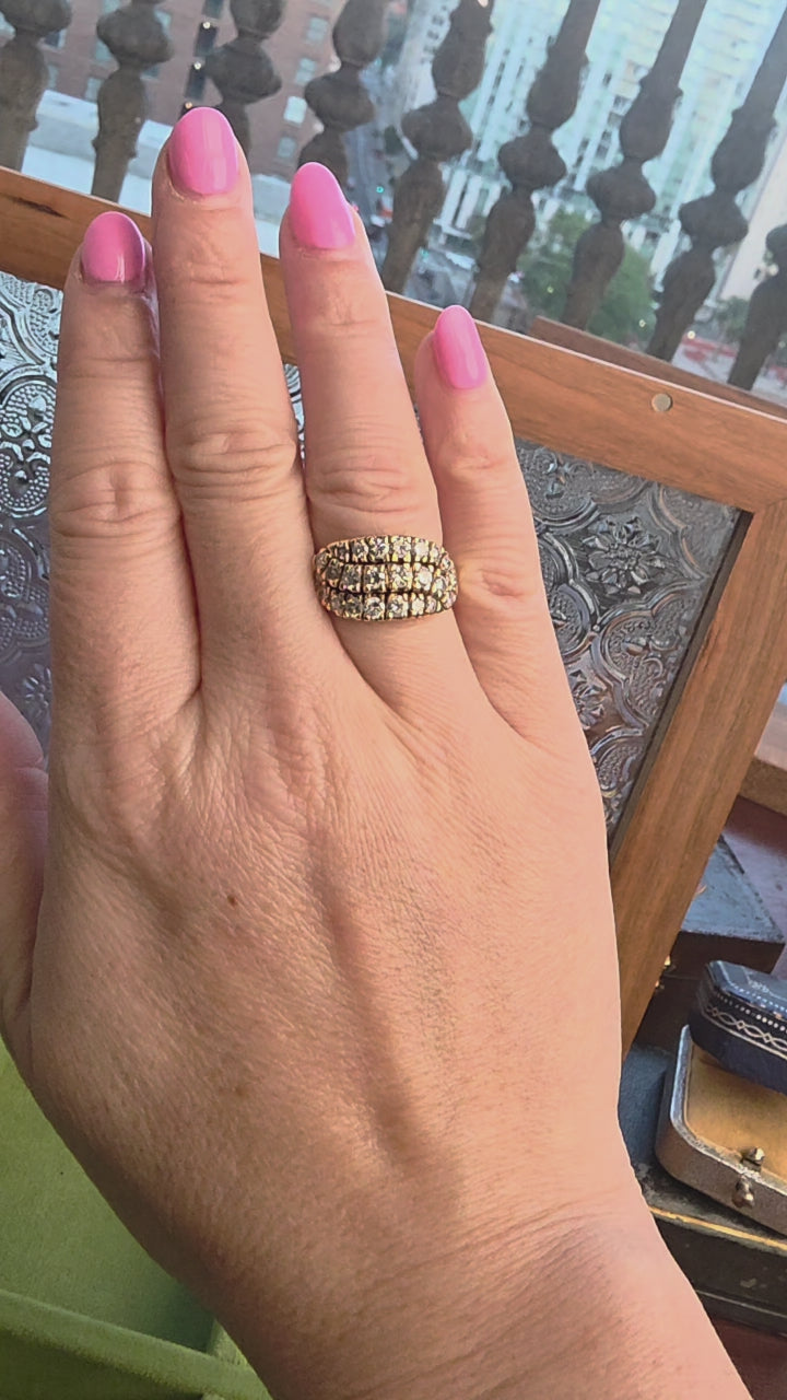 Vintage 14K Gold 3 Row 1.25 Carats Diamond pave Cluster Cocktail Ring