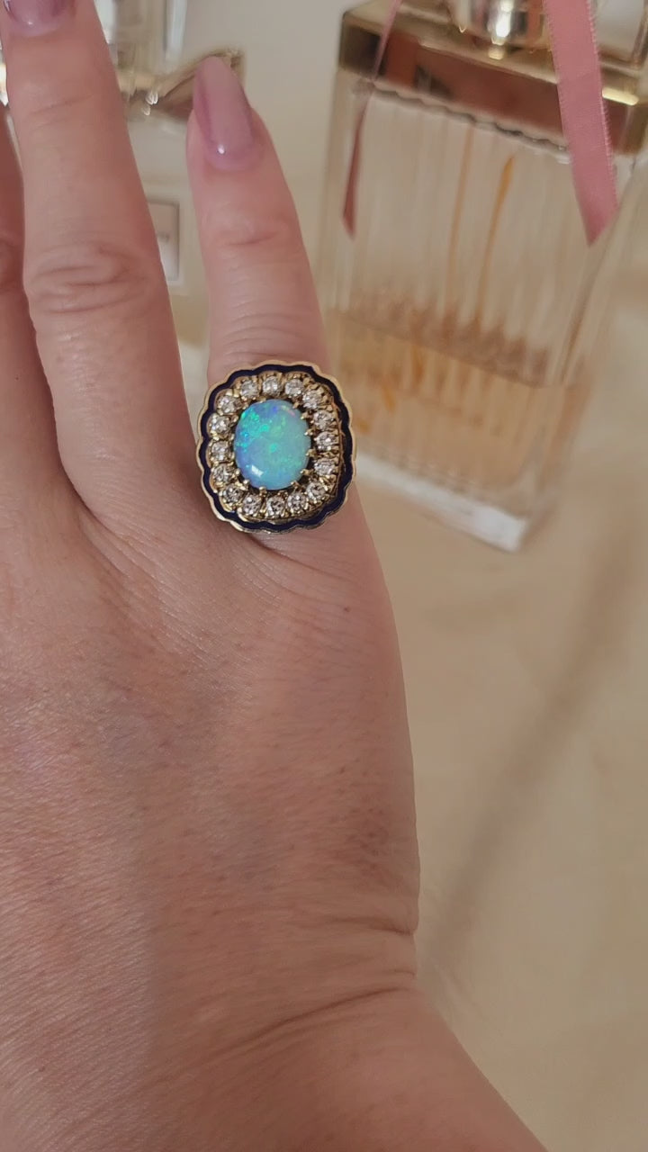 Vintage 14K Gold Opal and Diamond and Enamel Cocktail Ring