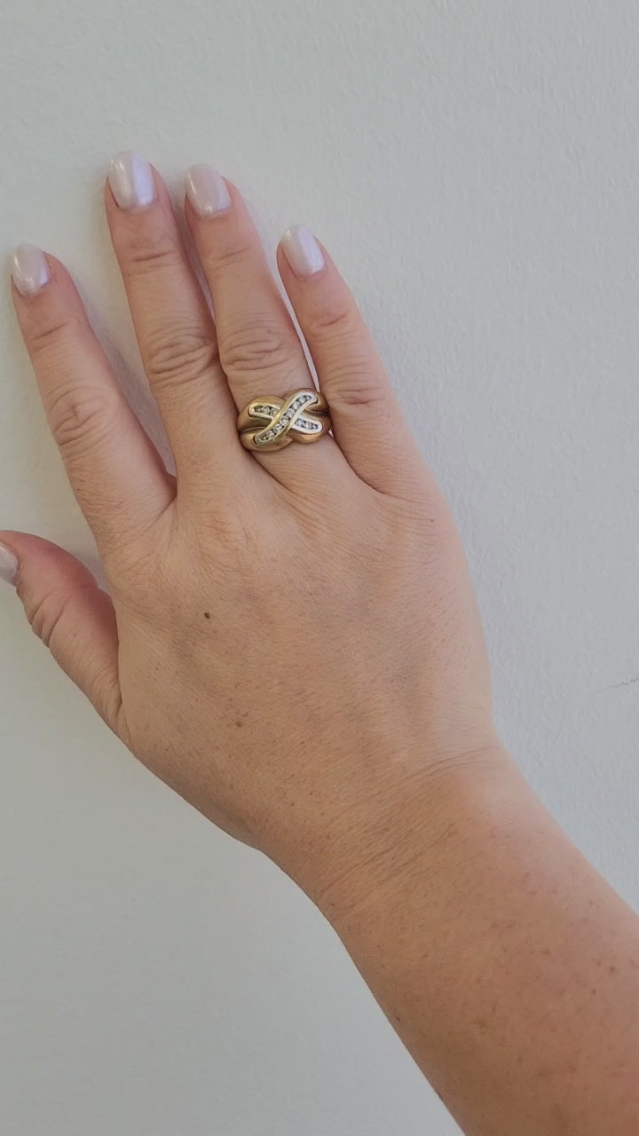 Vintage X Diamond Channel Set Wide Band Ring 14K Yellow Gold