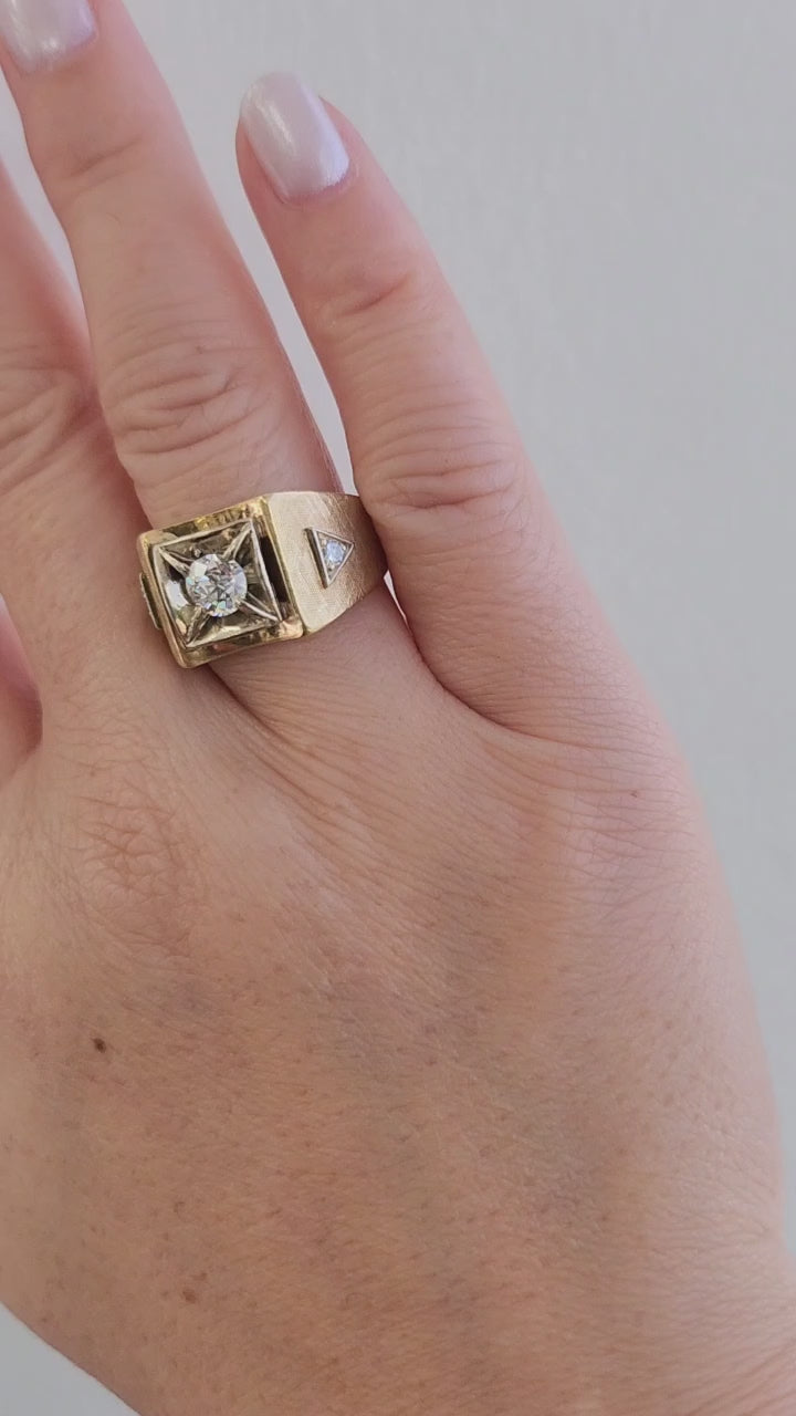 1940s Retro 0.65 Carat Old European Cut Diamond Signet Ring 14K Two Tone Gold