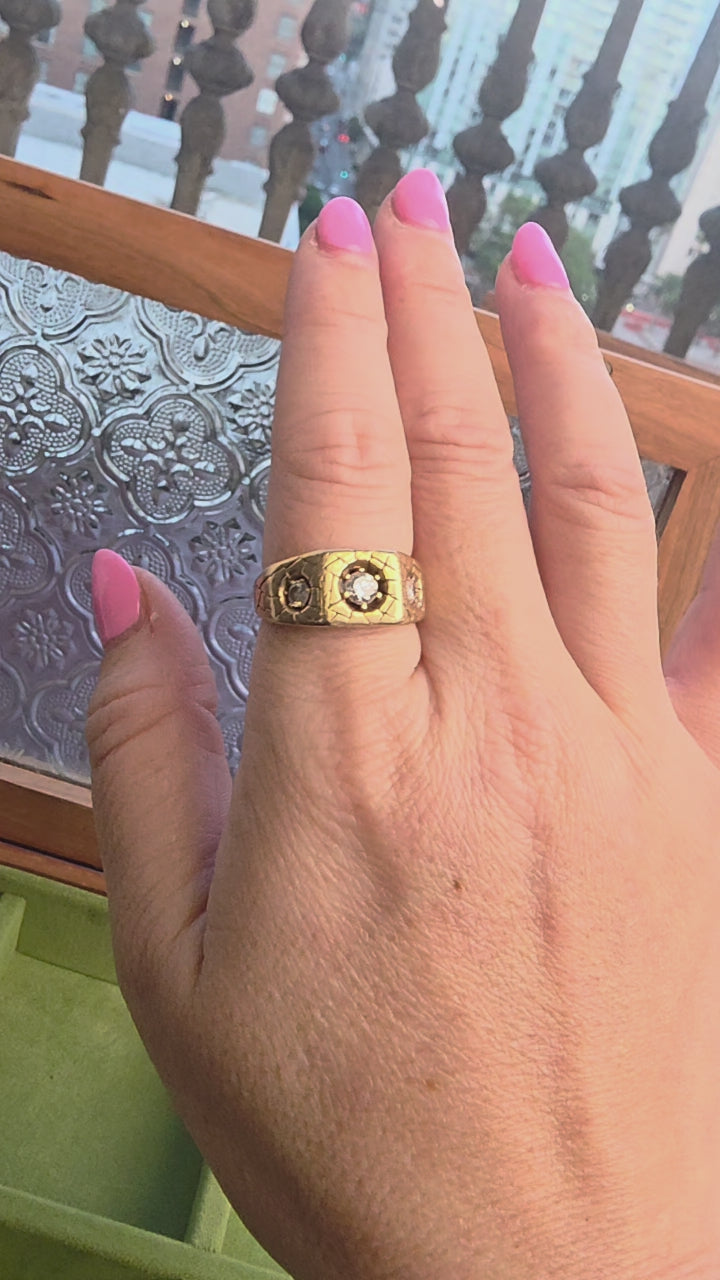 Vintage 14K Yellow Gold 0.57 Carats 3 Stone Diamond Gypsy Ring