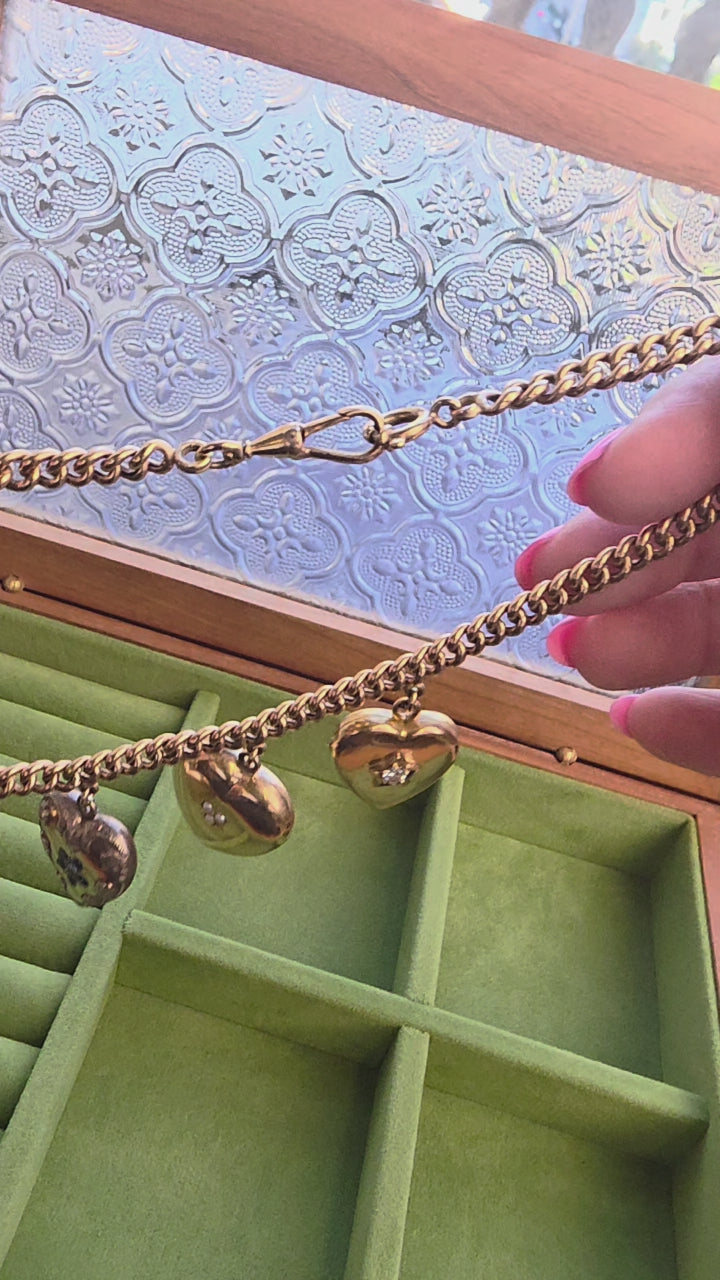 Victorian 14K Gold Heart Lockets with Gemstones Dangle Chain Necklace